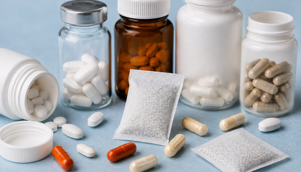 moisture control for tablets and capsules using pharmaceutical desiccant sachets