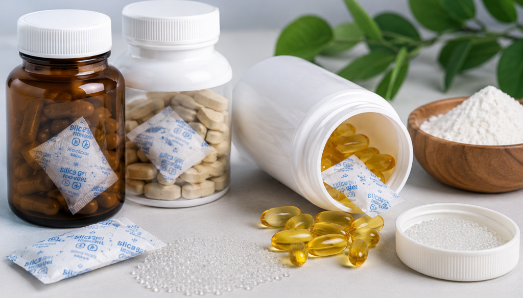 Silica gel sachets and desiccant beads placed alongside nutraceutical supplement bottles, capsules, and powder for moisture protection.