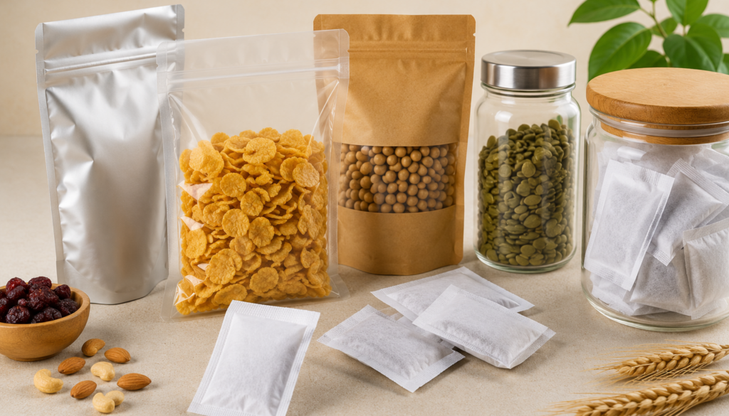 Food grade desiccant sachet with dry food packaging, nuts, seeds, and grains for moisture protection in food packaging.