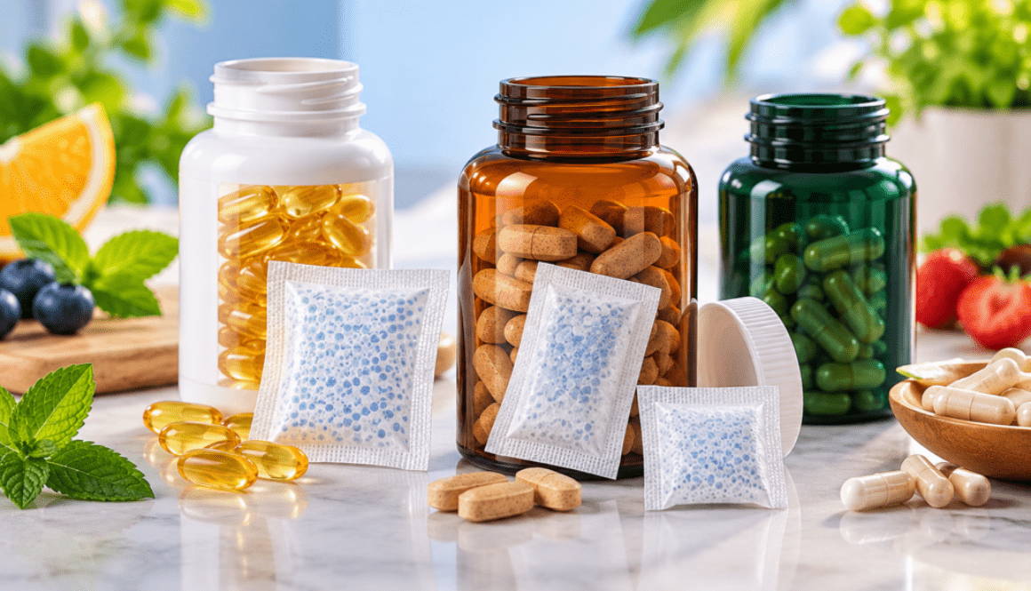 Moisture absorber for supplement bottles protecting vitamins and capsules from humidity