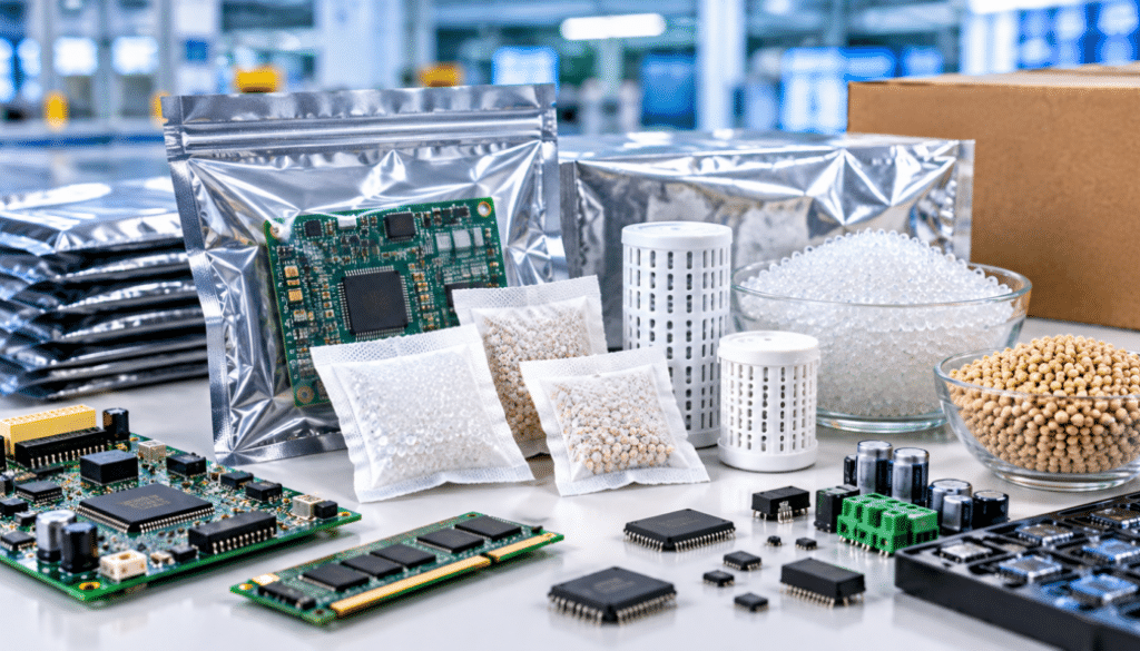 Moisture control for electronic components using desiccant sachets and moisture barrier packaging