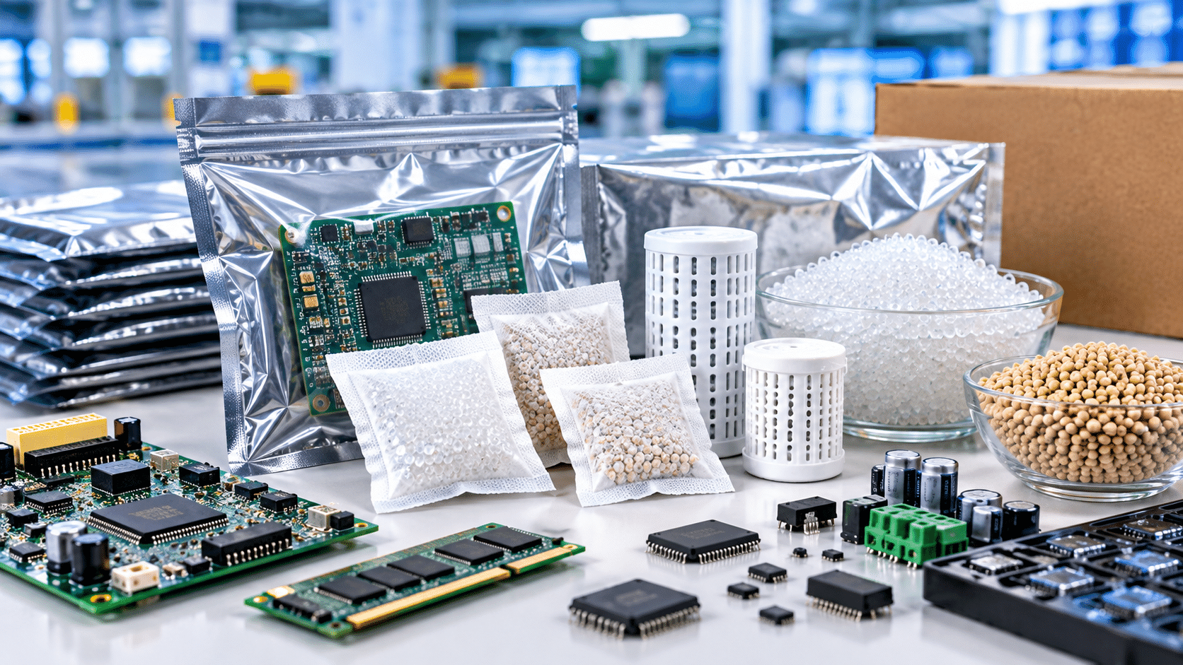 Moisture control for electronic components using desiccant sachets and moisture barrier packaging